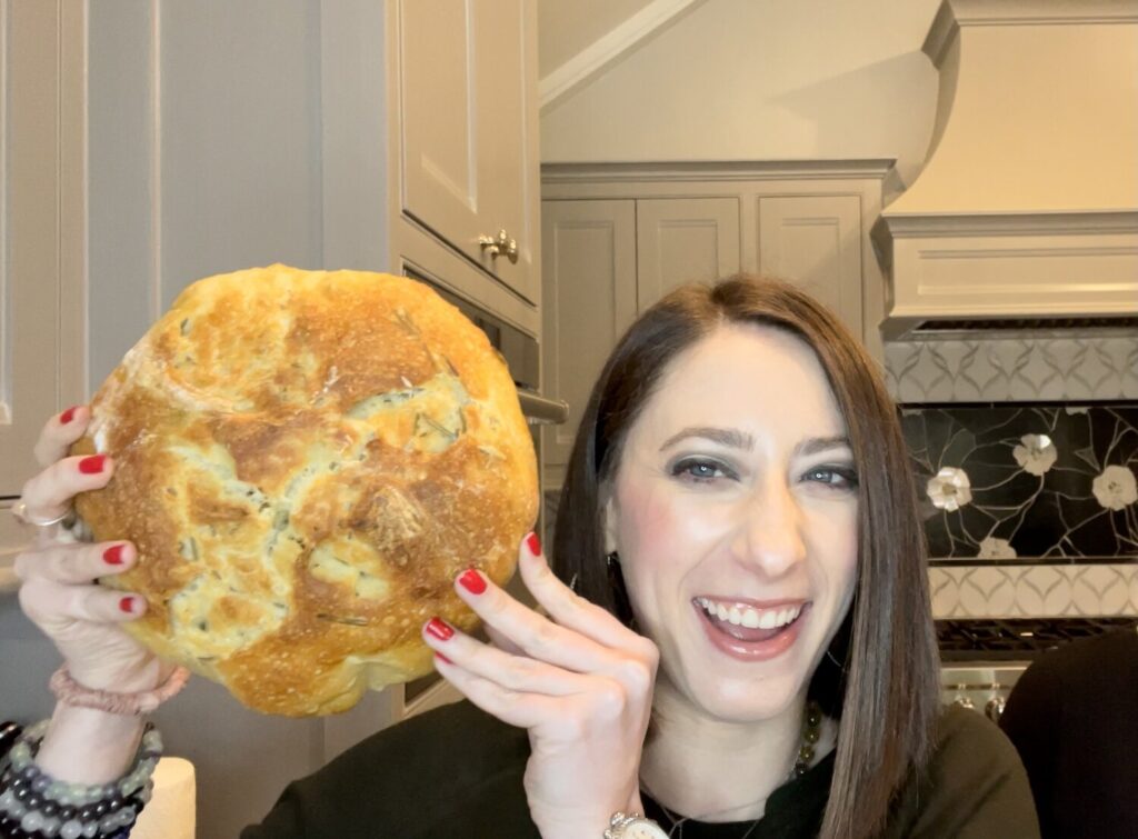 Just another silly moment in the kitchen with Tory, where she is trying to see which is bigger, her loaf of sourdough bread or her head…